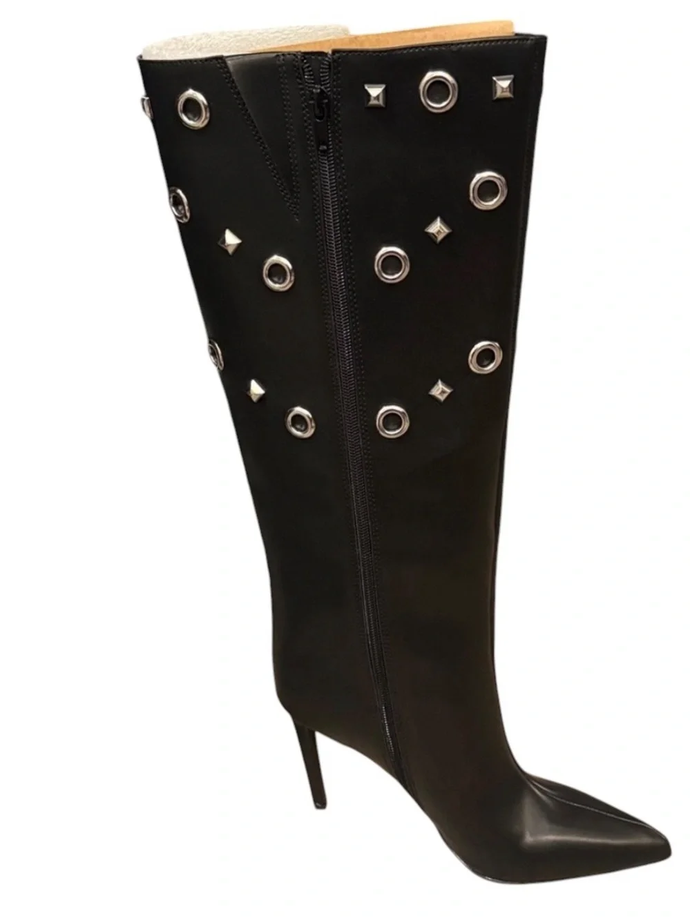 Black Knee-High Stiletto Boots with Silver Eyelet Detail